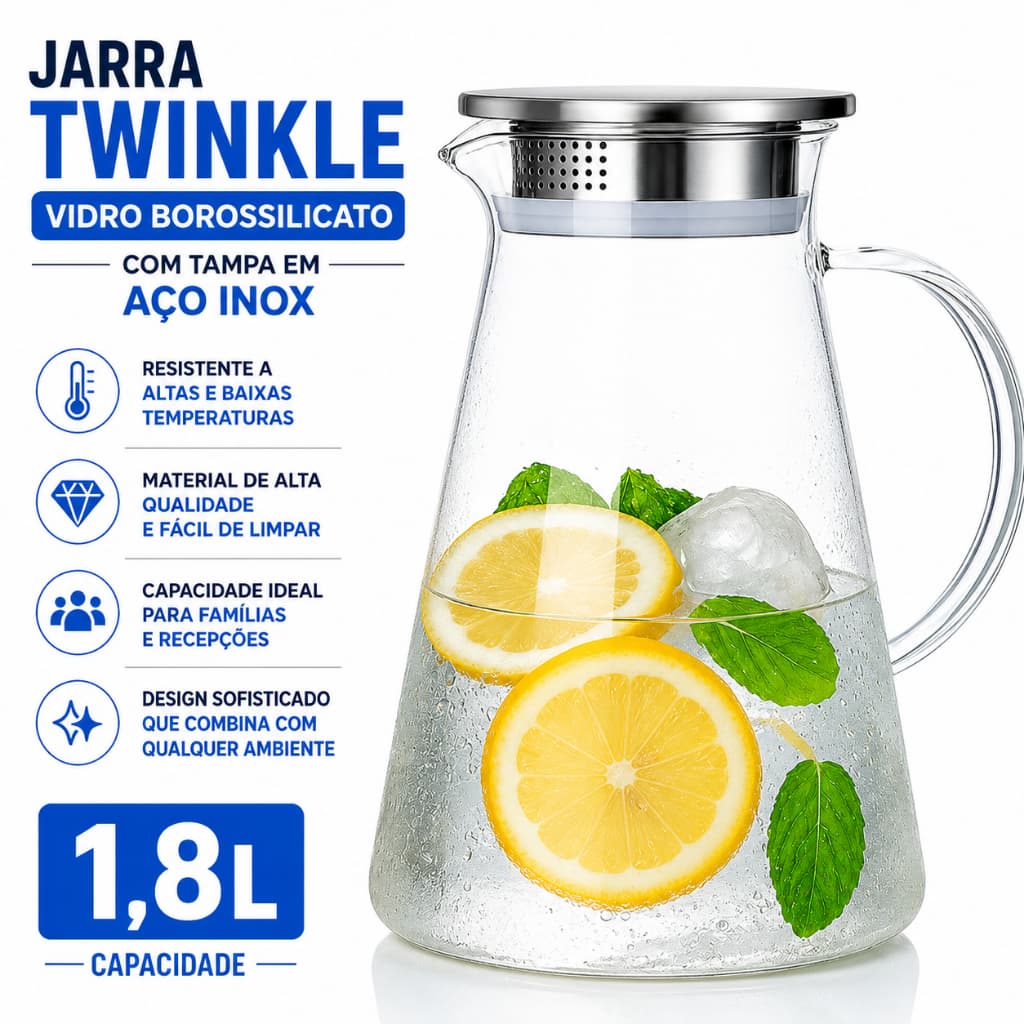 Jarra De Vidro Borossilicato Com Tampa De Inox Com Alça Suco Água Cozinha 1,8 Litros Transparente