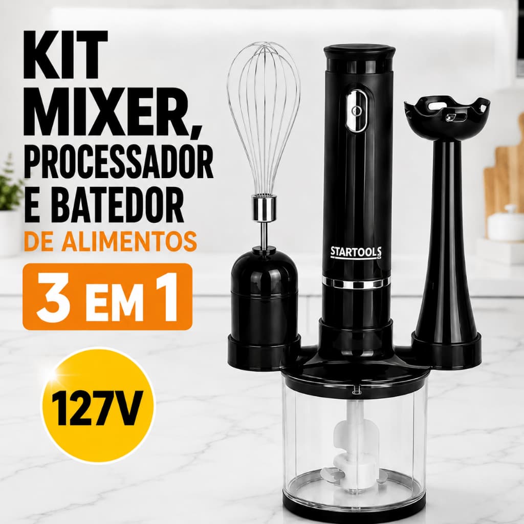🏆 Kit Mixer Processador Batedor de Alimentos 3 Em 1 -127V Inox 200W Cor Sortida Preto Branco🔥