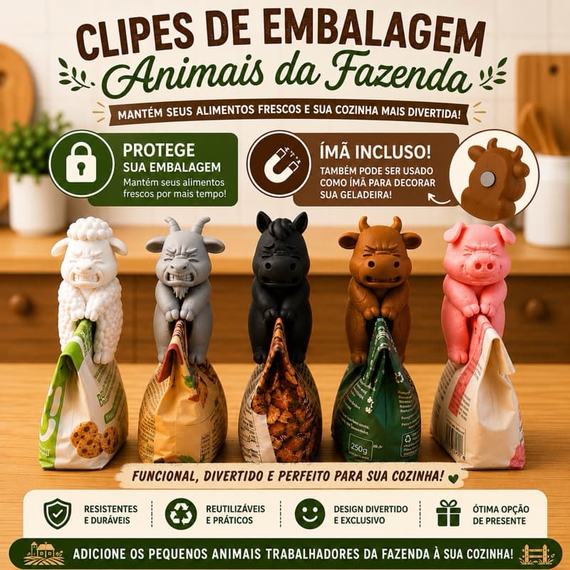 Kit Clipes para Embalagens – Animais da Fazenda | Utilidades| decoração divertida | Kit com 5 Unidades