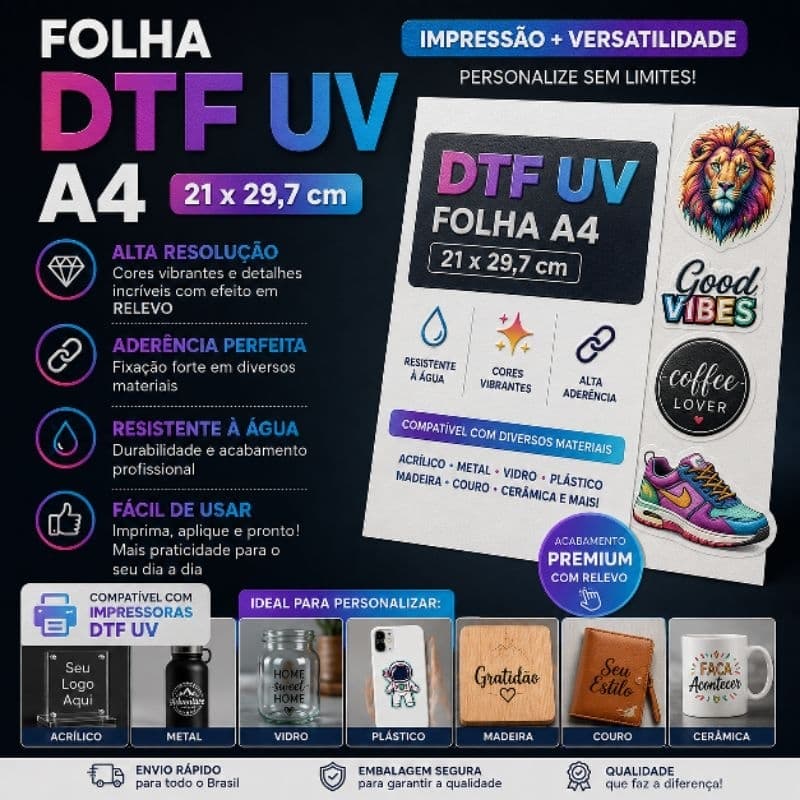 🚀 FOLHA DTF UV A4 ou A3 PREMIUM – Personalize Acrílico, Vidro, Metal, Madeira e Muito Mais!