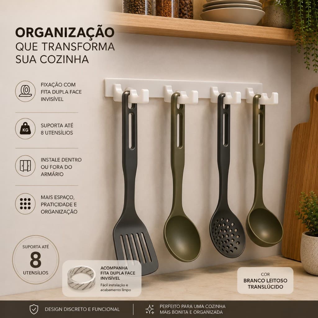 Porta Utensílios de Cozinha Branco Leitoso com 4 Suportes Duplos | Organizador Adesivo para Até 8 Utensílios