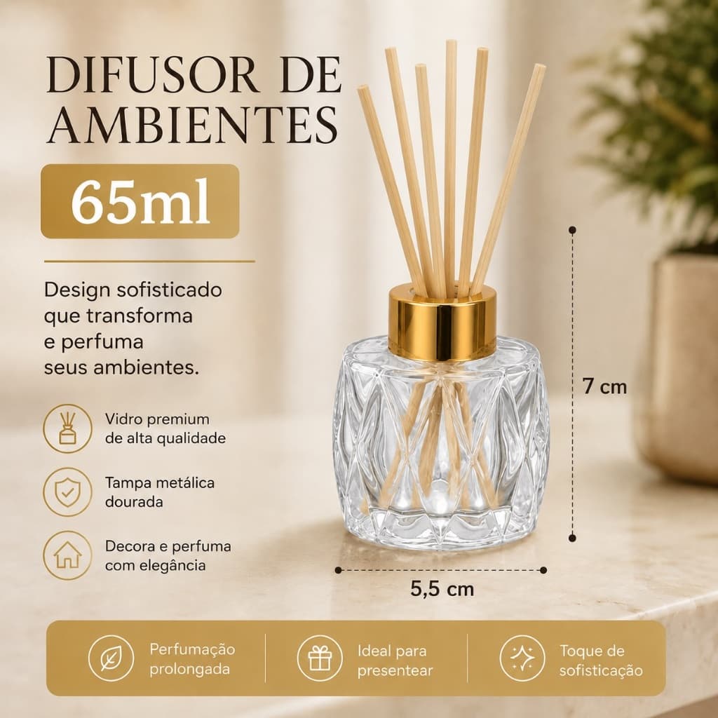 Frasco Difusor de Ambientes 65ml Vidro Luxo Decorativo Aromatizador