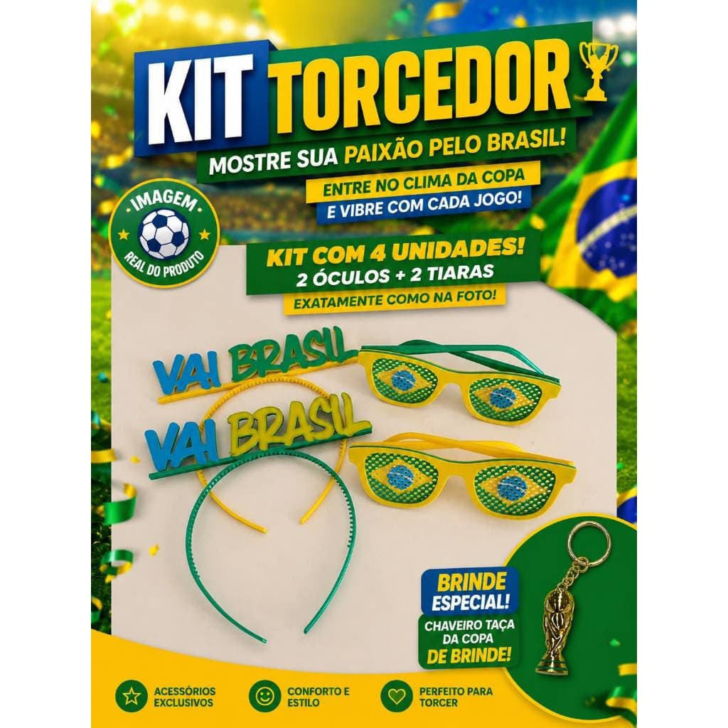 Kit torcedor 2 Tiaras Vai Brasil + 2 Óculos Brasil Copa Do Mundo + Brinde