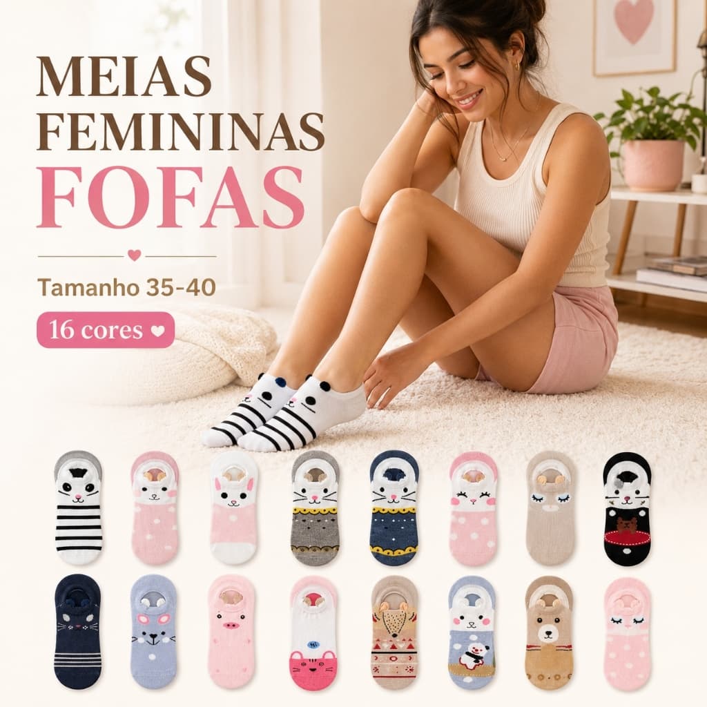 Kit 6 Pares Meia Invisível Feminina Fofa Bichinho 3D 35-40