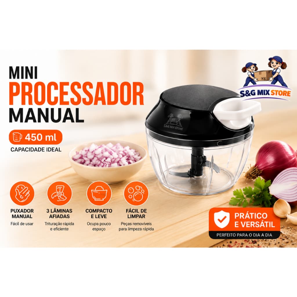 Processador Triturador moedor manual temperos alho cebola legumes 450ml cozinha 3 lâminas multiuso!!