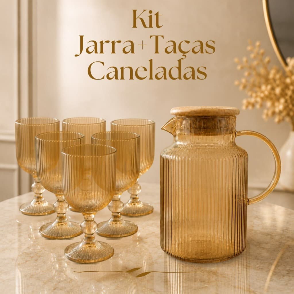 Kit 6 Taças + Jarra Canelada Âmbar 1,5L Tampa De Bambu Vidro Elegante Bebida Suco Água Vinho Drinks