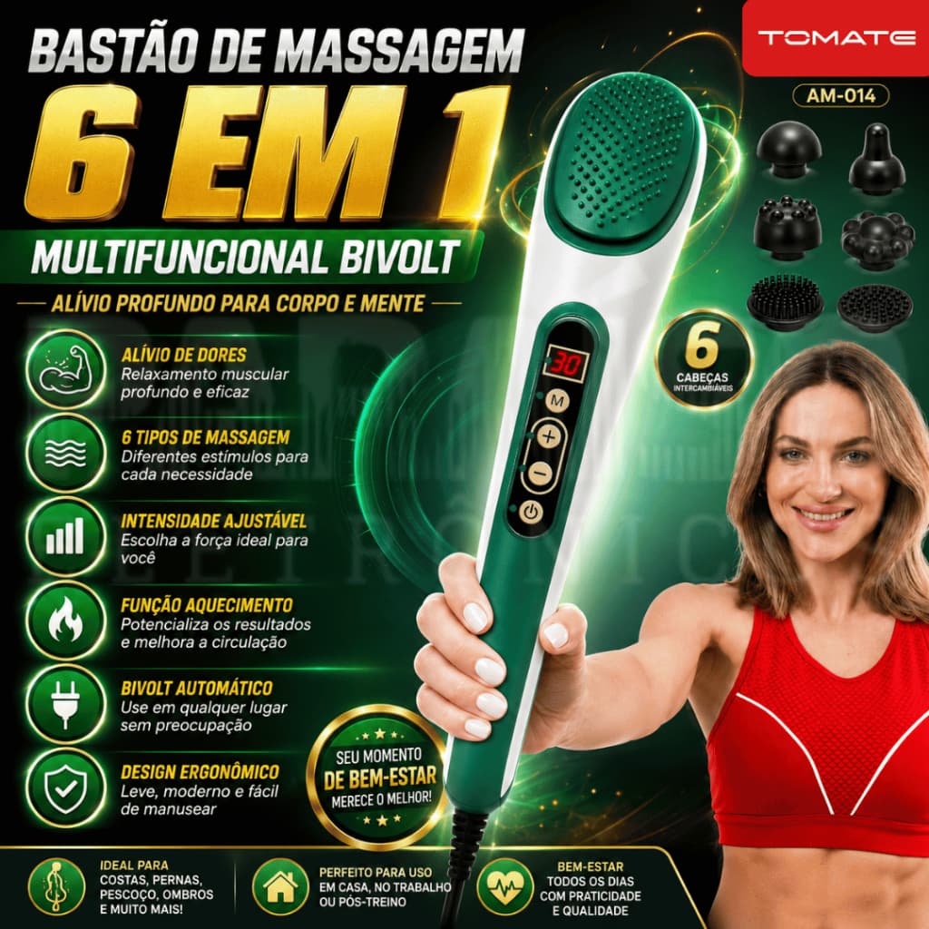 Bastão de Massagem 6 em 1 Elétrico Multifuncional Portátil Corporal Infravermelho 3500 RPM Sem Fio