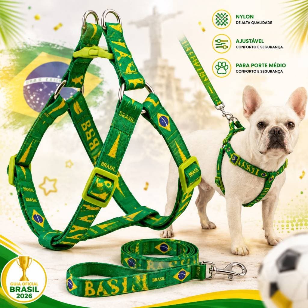 Peitoral BRASIL para Cachorro com Guia Ajustável Nylon Reforçado Médio Grande Copa 2026 Pet
