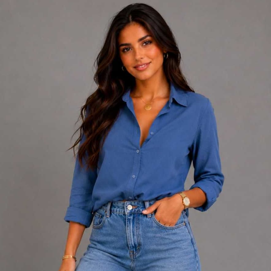 Camisa Social Feminina Viscolinho Manga Longa Botões Funcionais Trabalho Elegante Casual