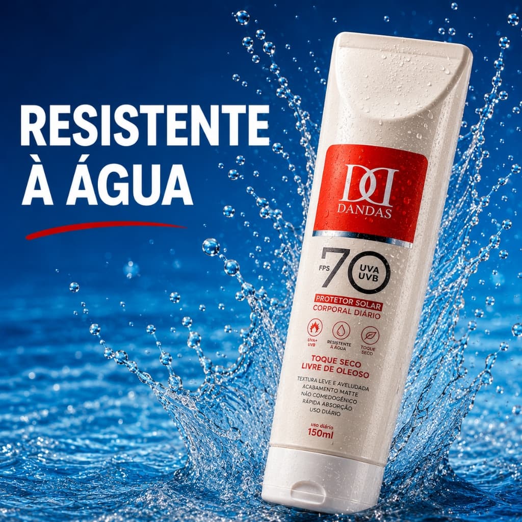 Protetor Solar 70FPS 150ml DANDAS Toque Seco – Resistente à Água, Vitamina E, ROSTO E CORPO