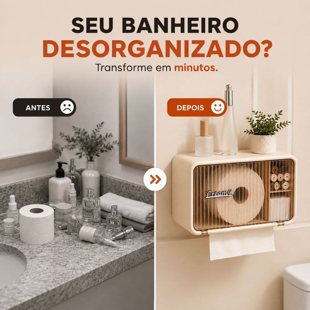 Organizador de Banheiro com Porta Papel Higiênico Adesivo Sem Furar Armário de Parede Multiuso Premium Suporte Creme