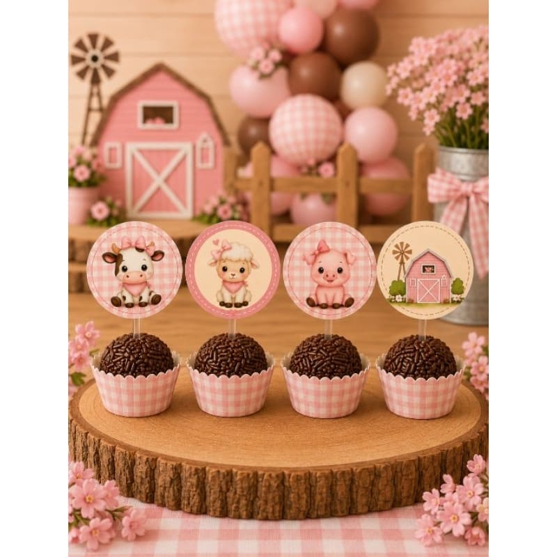 Kit 30 Toppers para Docinho Fazendinha Rosa Menina | Apliques para doces | Festa Fazendinha | Tema fazenda menina.