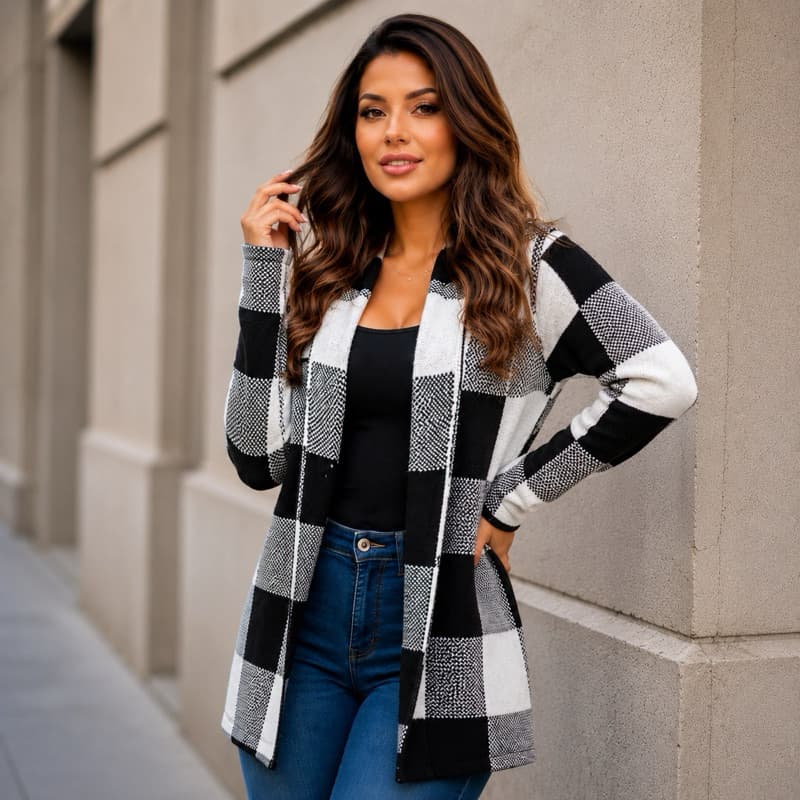 Kimono Trico Feminino Blusa Cardigan Xadrez  Manga Longa Tricot inverno casual