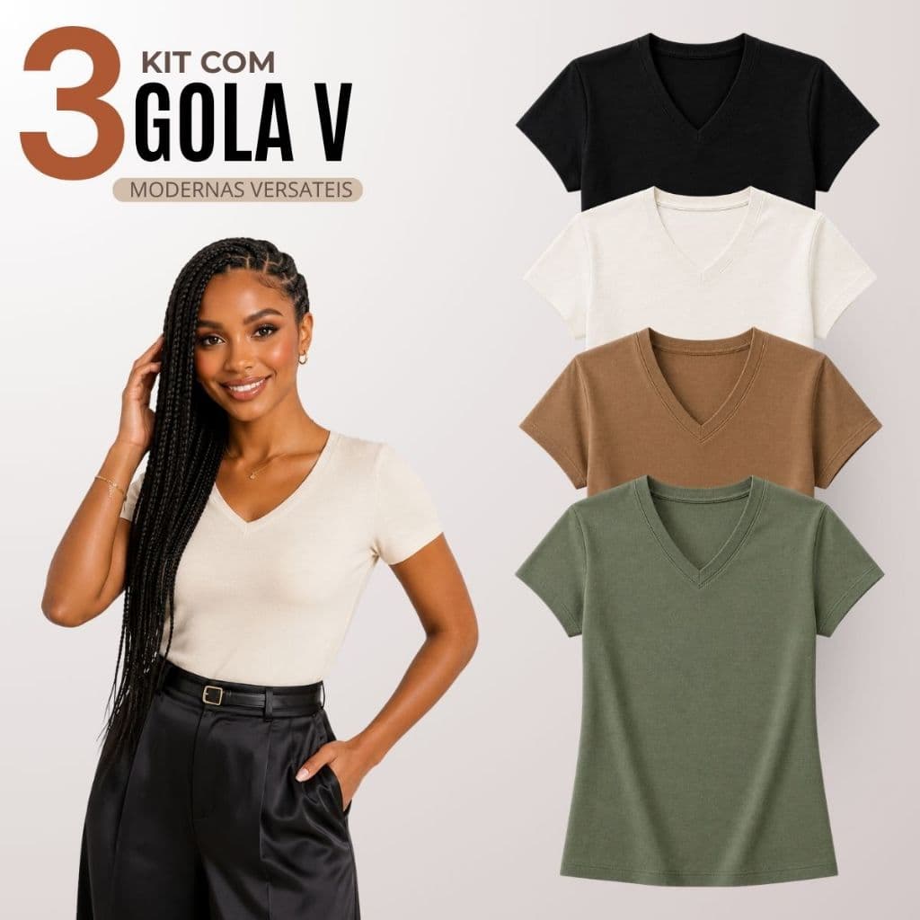 Kit 3 Blusas Feminina Gola V  Básica Casual 100% Algodão - G00