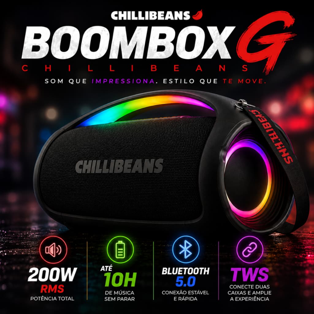 Caixa de Som Bluetooth 200W RMS Chilli Beans Boombox G TWS LED Portátil