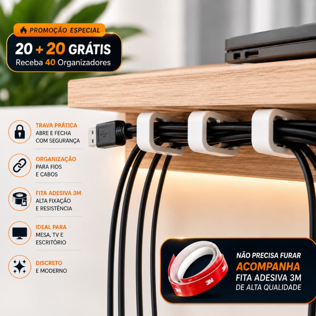 Kit Organizadores de Fios e Cabos Autoadesivos Invisíveis Fixação Forte