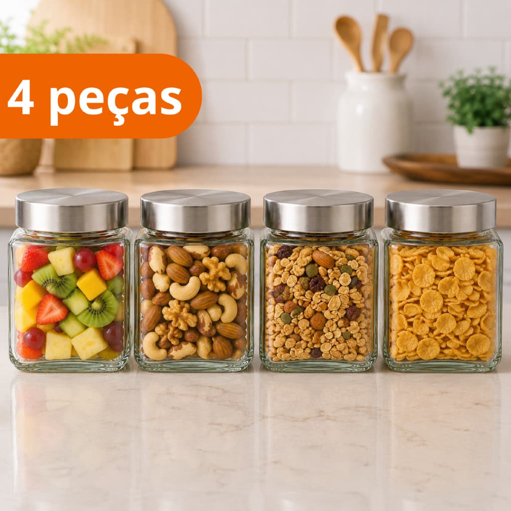Kit 4 Potes de Vidro 500ml com Tampa de Inox Organizador Cozinha Multiuso Pote com Vedação