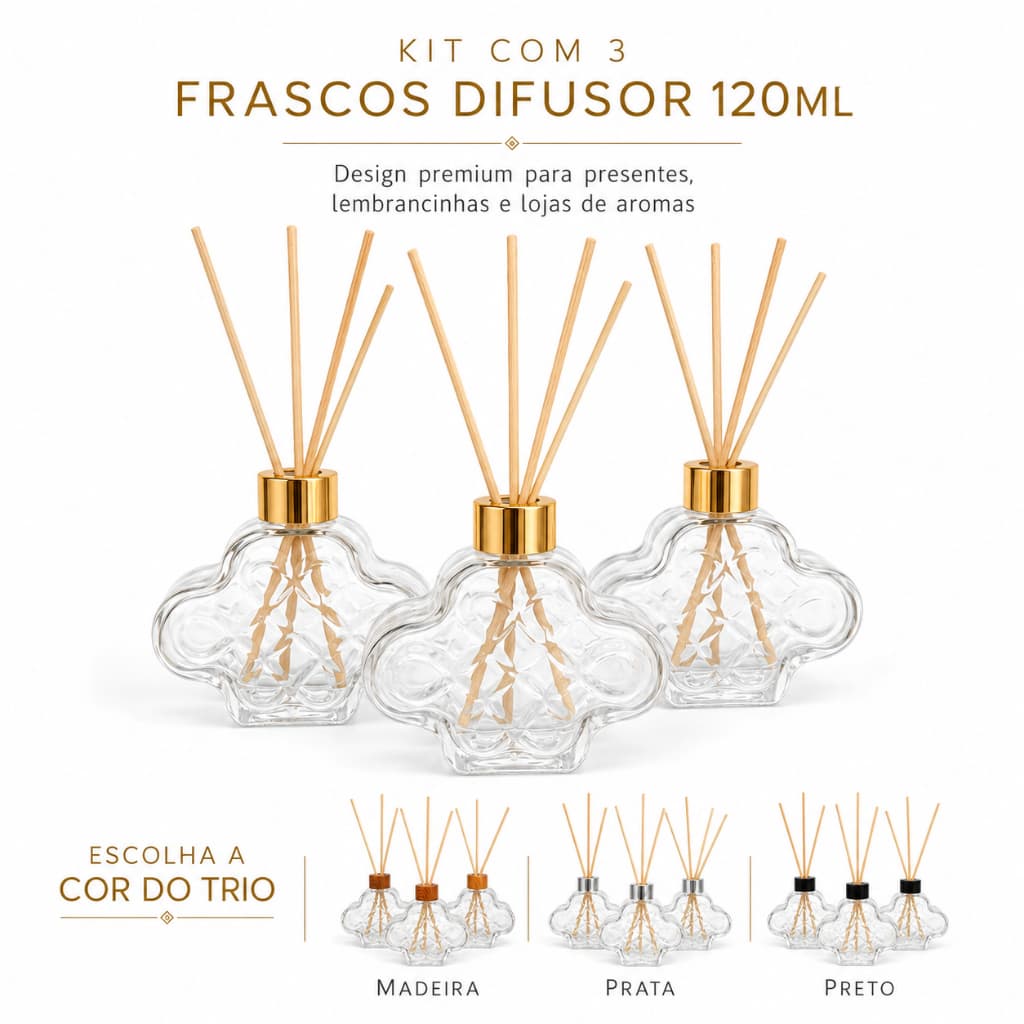 Kit 3 Frascos Difusor 120ml Vidro Decorativo Varetas Aromatizador Ambiente Lembrancinha Presente