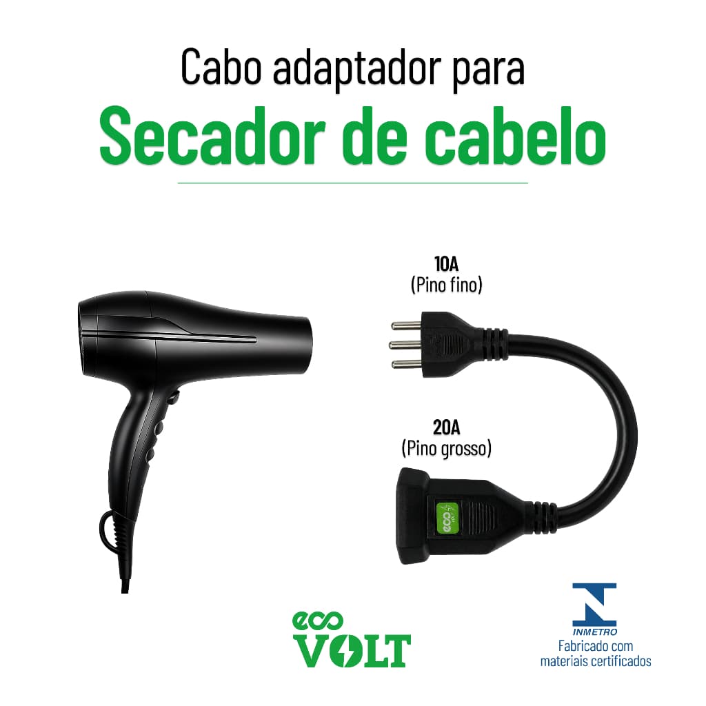 Cabo Adaptador Reto para Secador De Cabelo - Reforçado - Transforma 20a para 10a ECOVOLT