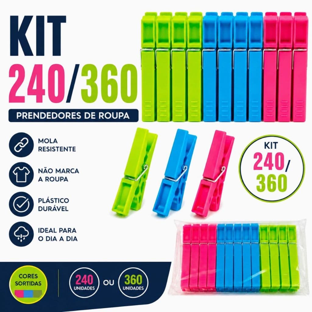Kit 240/360 Prendedores de Roupa Plástico Resistente com Mola Reforçada para Varal Lavanderia