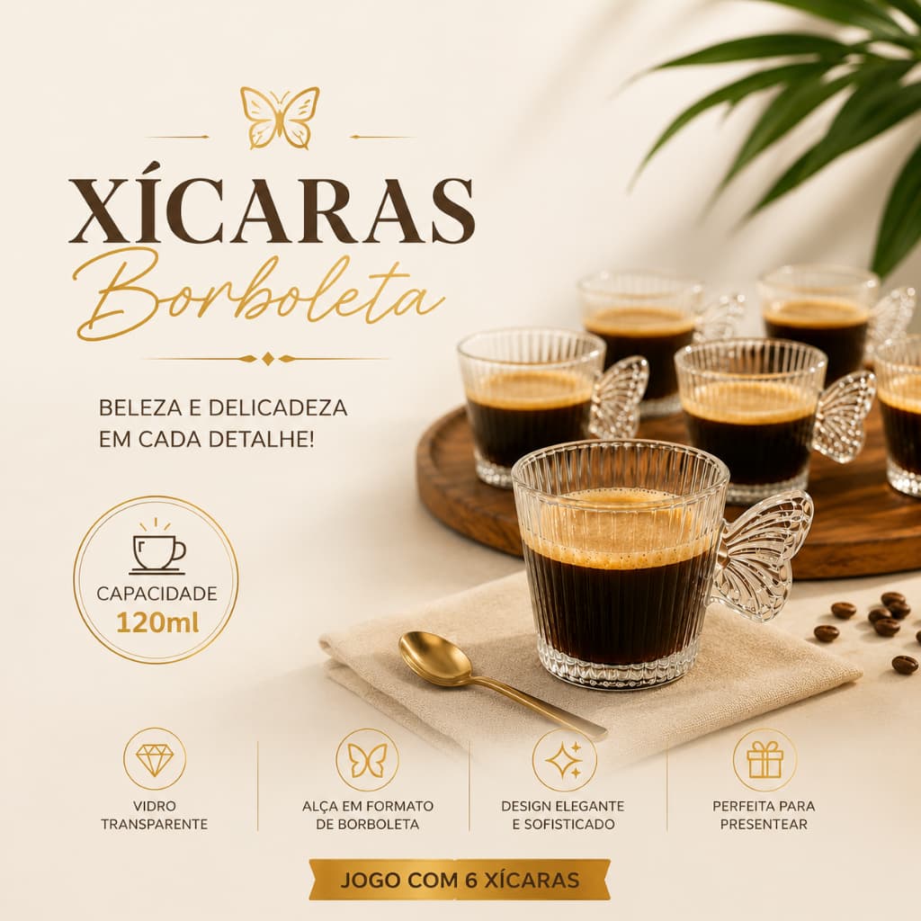 Jogo 6 Xícaras Borboleta em Vidro Transparente 120ml com Alça Decorativa Elegante para Café Chá Cappuccino fofa Presente