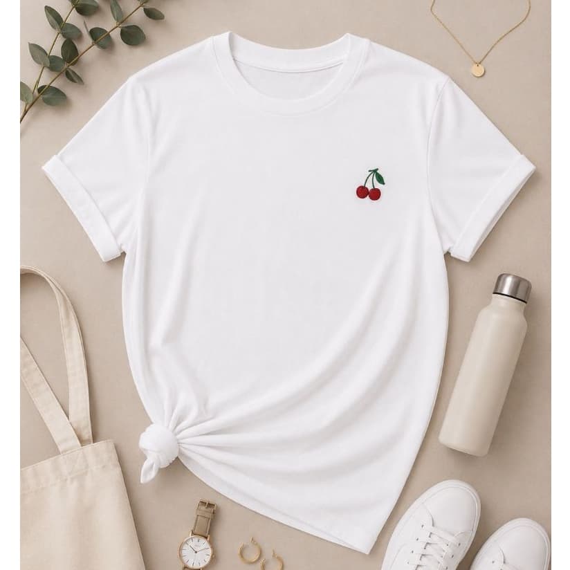 Camiseta Feminina 100% Algodão Estampa Cereja Cherry Blogueirinha Estilosa Academia