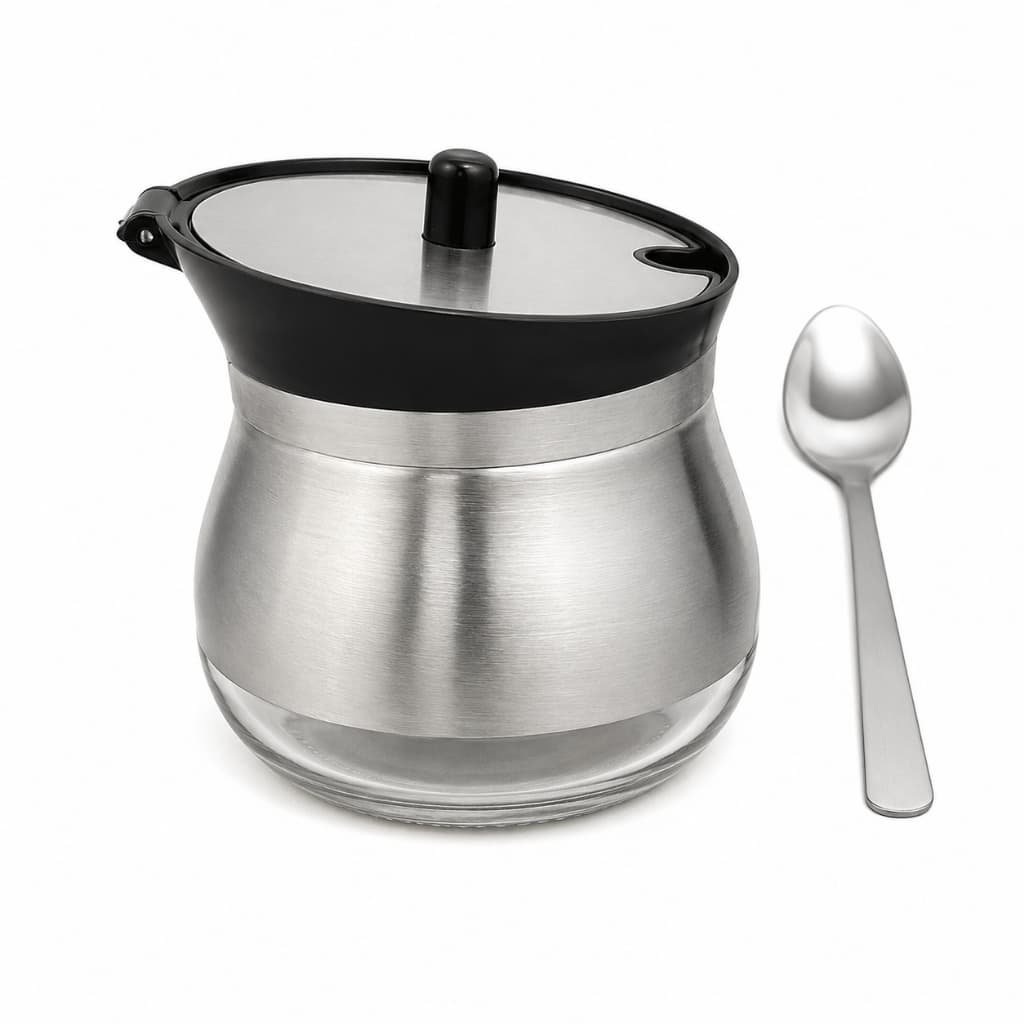 Açucareiro De Vidro Revestido em Aço Inox Com Tampa E Colher Acabamento Cromado Cozinha
