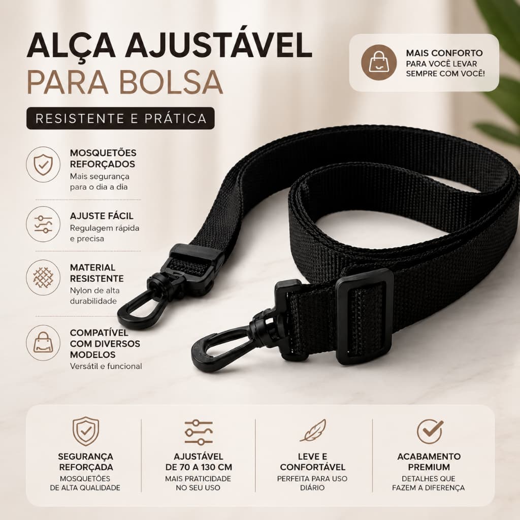 Alça Ajustável para Bolsa Preta com Mosquetão Reforçado