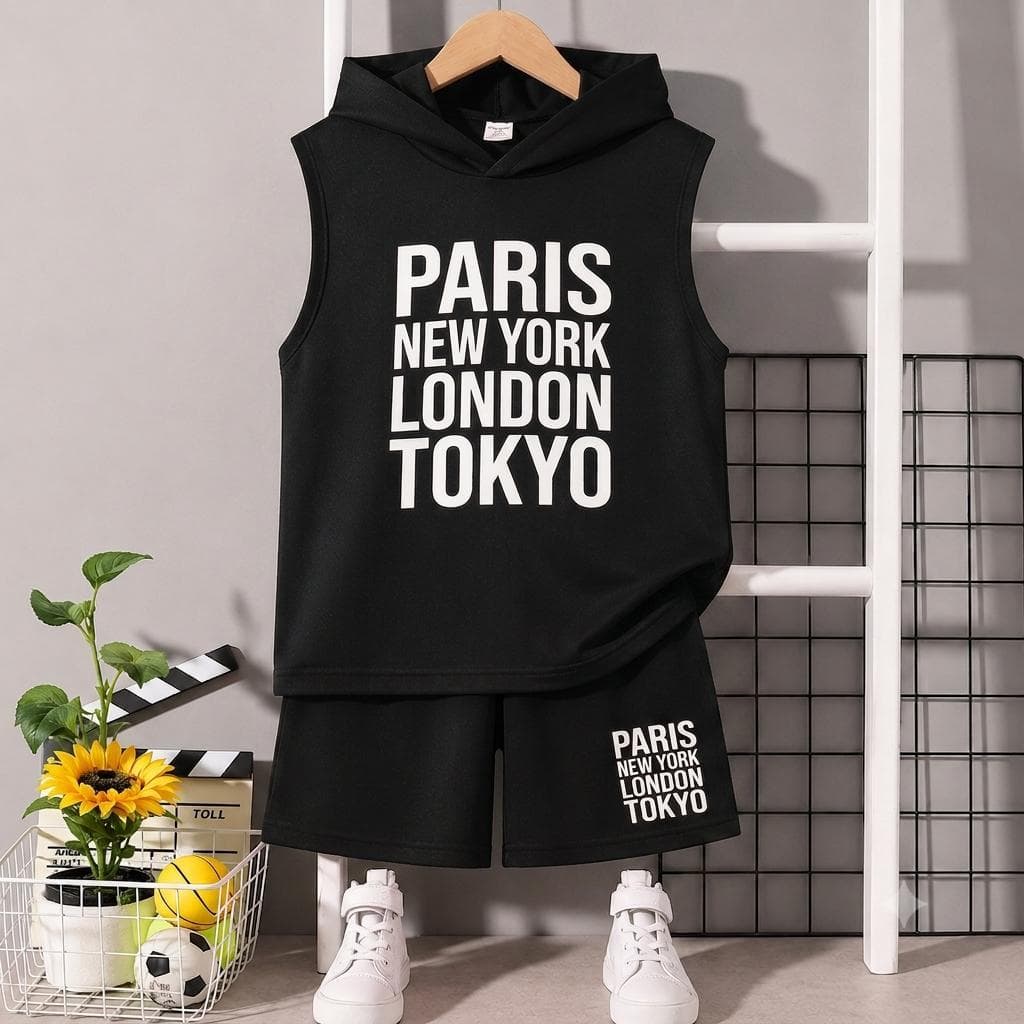 Conjunto Infantil Menino  algodão verão short e regata capuz estampa Paris