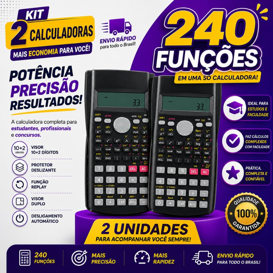 KIT 1 2 Calculadora Cientifica com Capa Protetora  240 Funções A Pilha Financeira Matemática Escolar Faculdade Trabalho