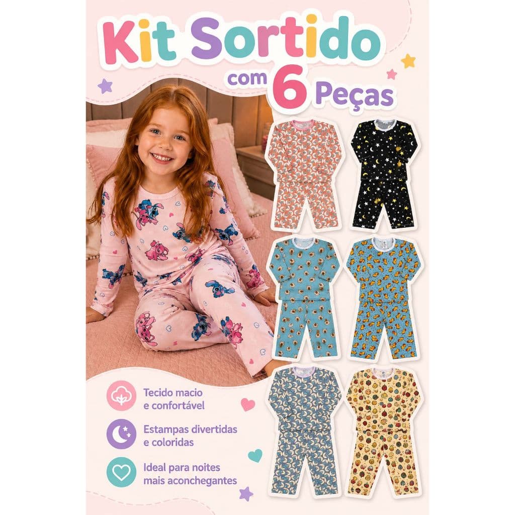 Kit 3 Pijamas Bebê Infantil 6 Peças Manga Longa Inverno Menina Roupa de Dormir Estampas Sortidas