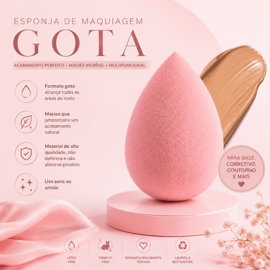 Esponja de Maquiagem Gota - Macia, Cresce com Água, Acabamento Natural
