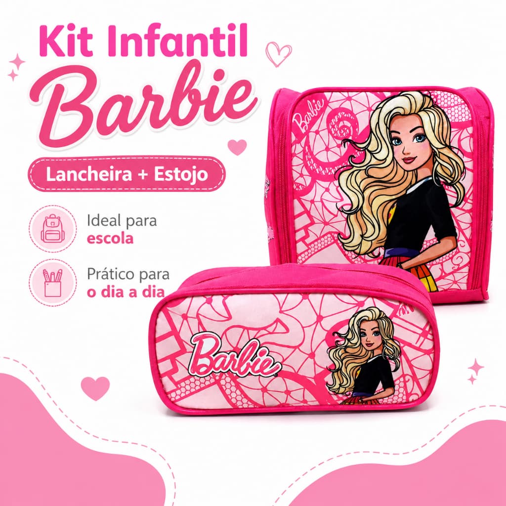 Kit Lancheira Térmica Infantil e Estojo Escolar 1 Divisão Estojo Infantil Barbie Porta Lápis Escolar