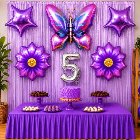 Kit Decoração Aniversário Borboleta Roxa com 2  Cortinas Metalizadas 5 balões Balão, Número Prata