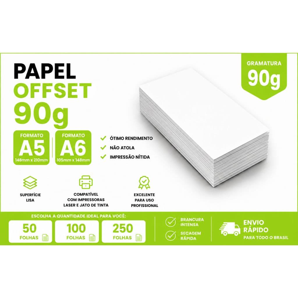 Papel Offset A5, A6 90g Branco Para Impressora Laser e Jato de Tinta | 50 100 250 FOLHAS