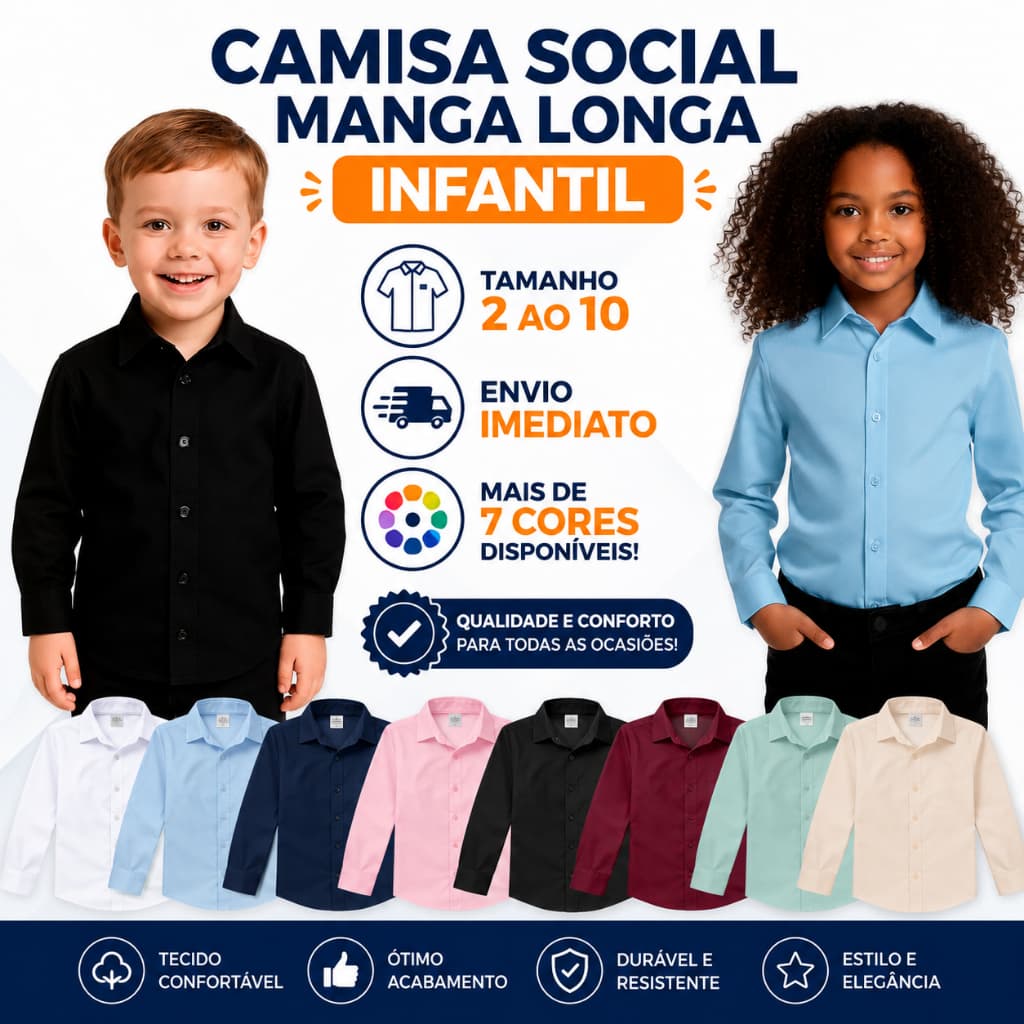 Camisa Social Manga Longa Infantil Unissex Lisa Básica Tam 2 ao 10 - Envio Imediato !!!
