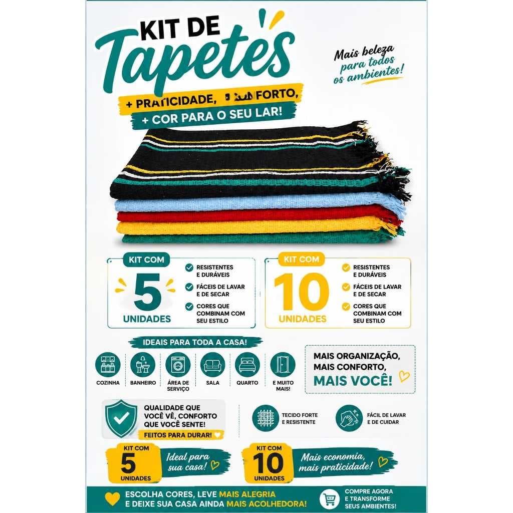 Kit Tapetes Atoalhados Coloridos Listrados para Cozinha e Banheiro 5 e 10 Unidades