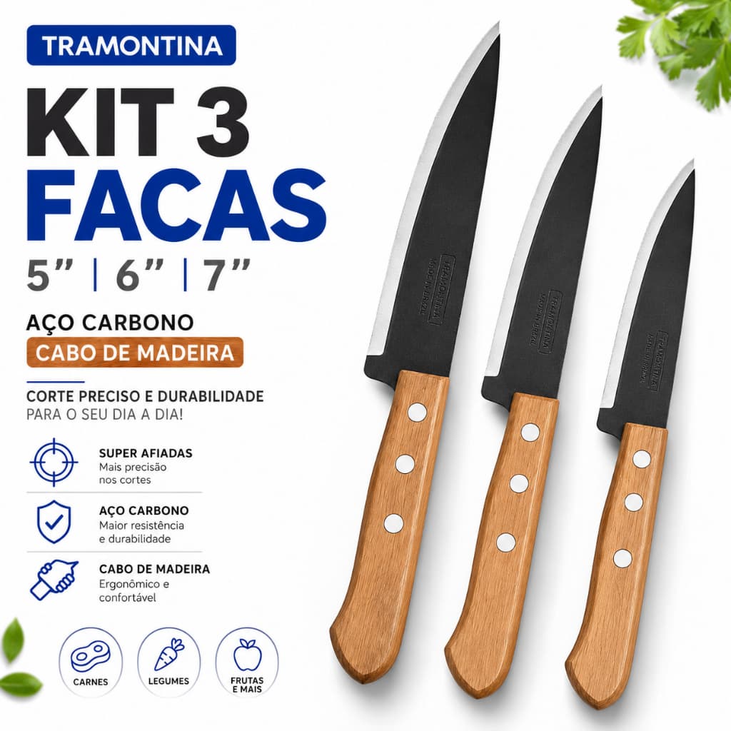 kit 3 Facas Tramontina Aço Carbono Cabo Madeira 5 6 7 Polegadas Cozinha