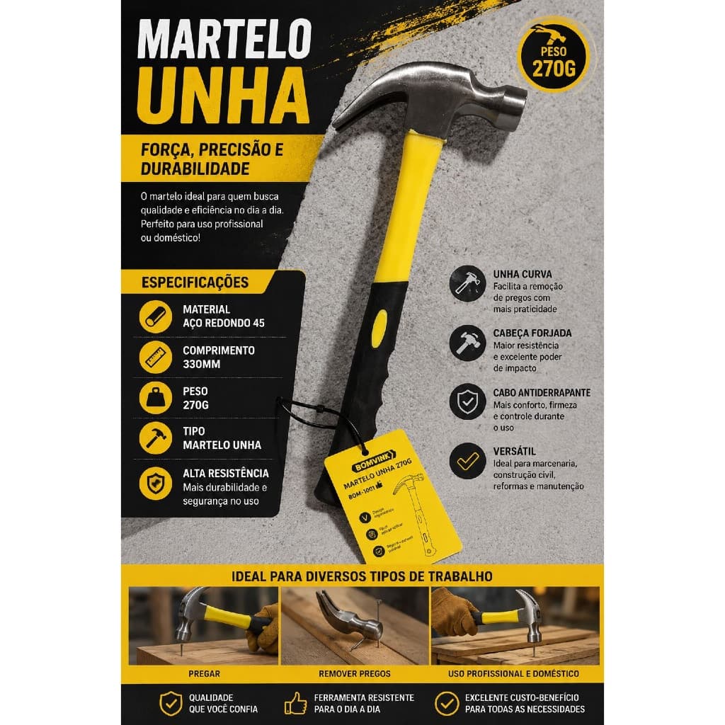 Martelo Unha 270g Aço Redondo 45 com Cabo Emborrachado Antiderrapante 330mm – Alta Resistência