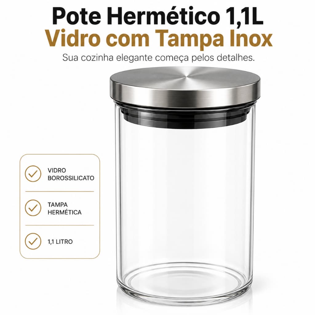 Pote Hermético De Vidro Organizador Com Tampa Inox 1,1 Litros