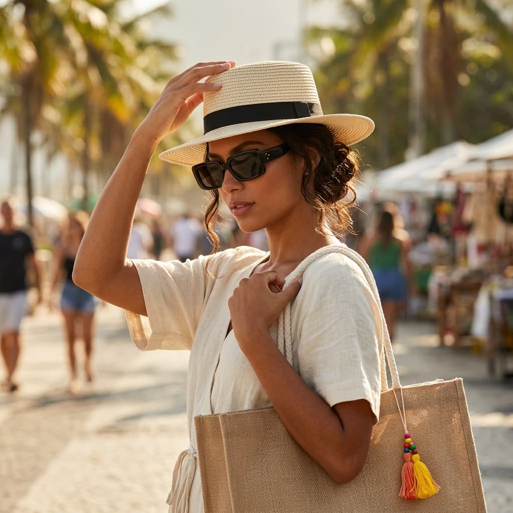 Kit Praia Feminino Bolsa De Palha Chapéu De Praia E Óculos MD-32 UV400 Retangular Moderno