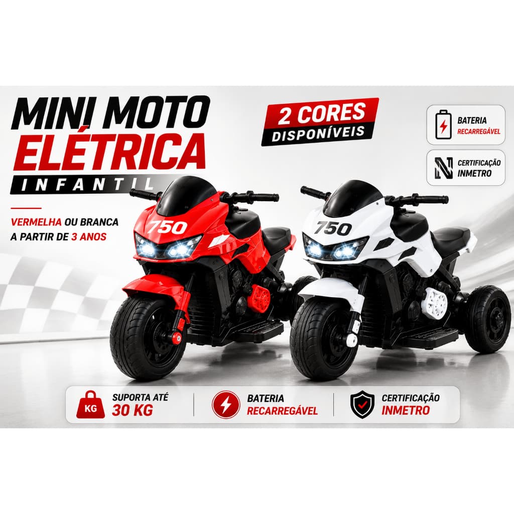 Mini Moto Elétrica Infantil Esportiva Vermelha / Branca Veiculo Passeio 12V Acento Confortável