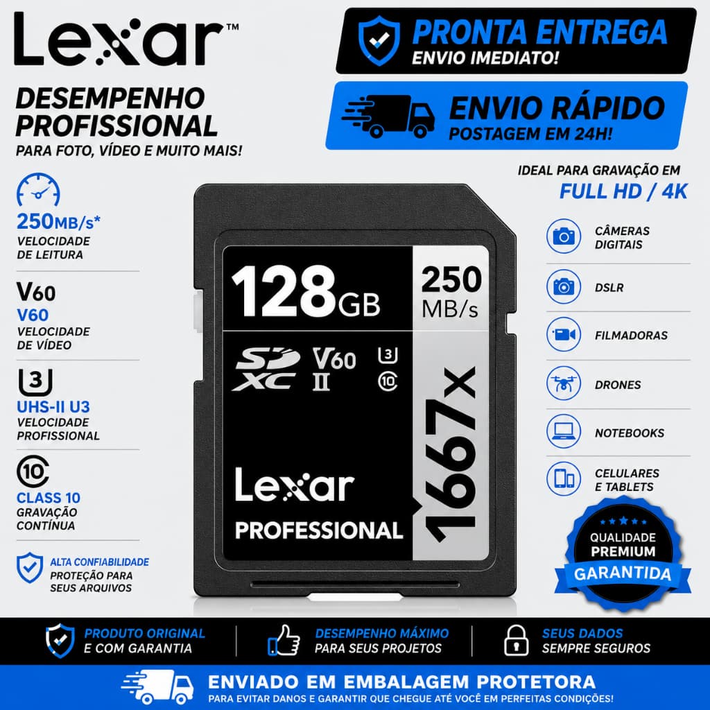 Cartão de Memória SD Lexar 32gb 64gb 128gb SDXC UHS-I 250MB/s C10 U3 V30 4K UHD Full HD Para Câmeras