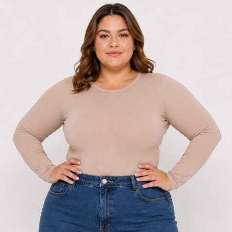 Blusa Feminina Plus Size Manga Longa Ribana Nude Canelada Gola Redonda G GG G1 G2