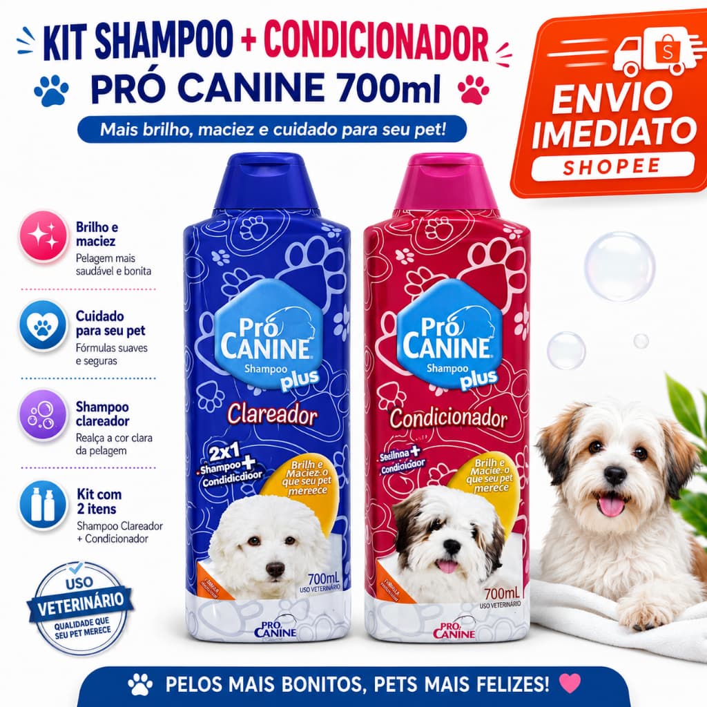 Kit Banho Pet Pró Canine Shampoo Clareador + Condicionador Desembaraçante 700ml para Cães e Gatos