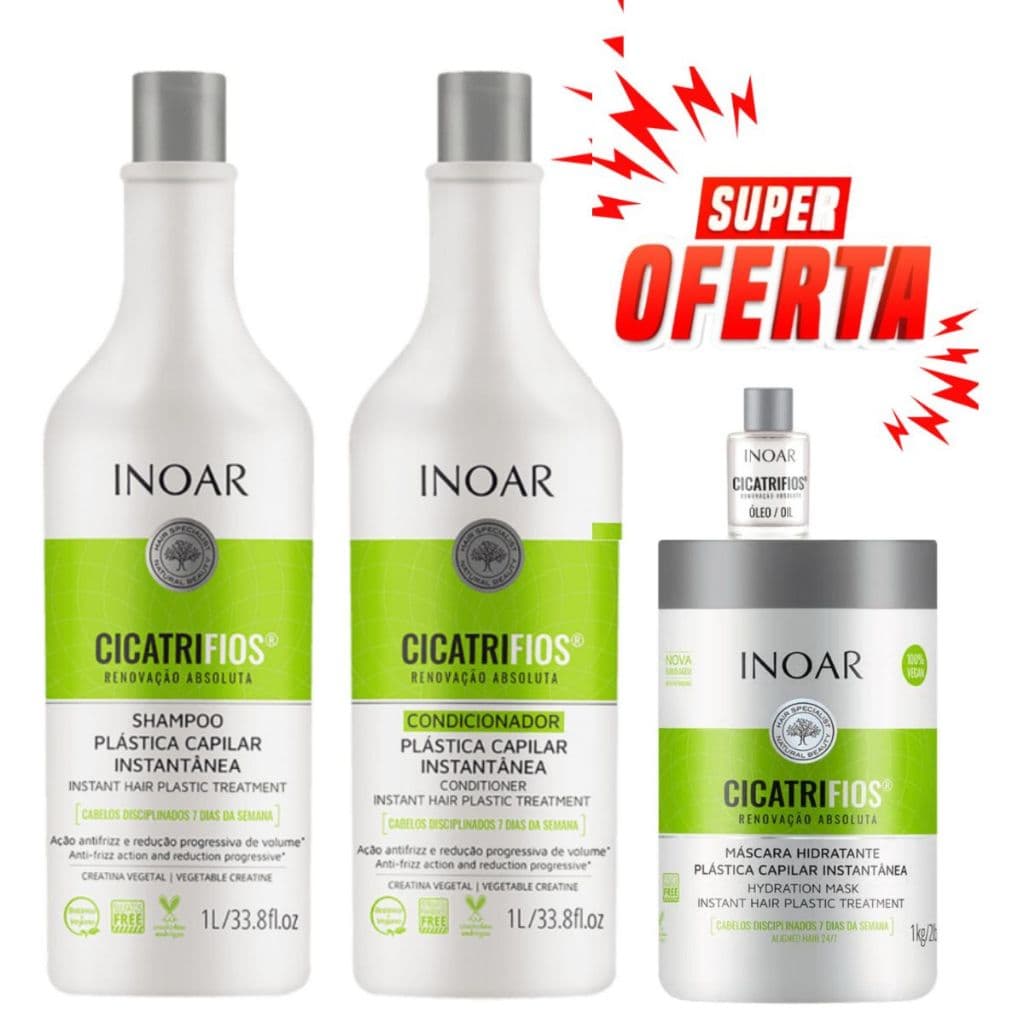 KIT CICATRIFIOS INOAR SHAMPOO1L+CONDICIONADOR 1L+MÁSCARA 1kG+ÓLEO CICATRIFIOS 7ML