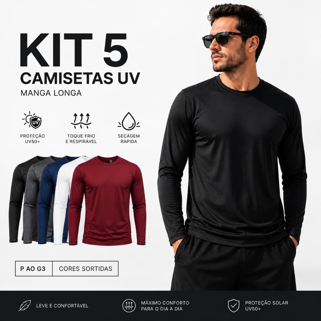 Kit 5 Camisetas Uv Plus Size Masculina Praia Verão Cores Sortidas Proteção Solar