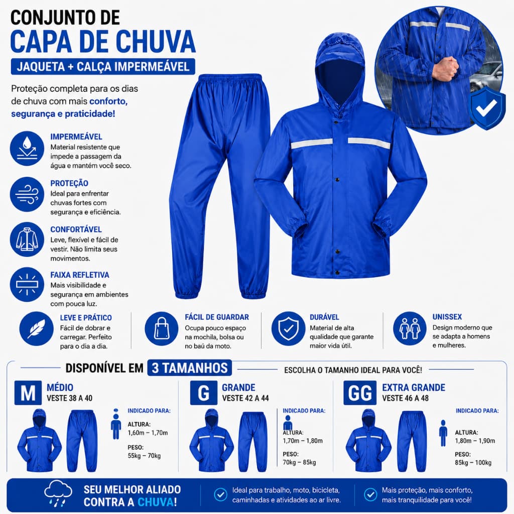Capa de Chuva Impermeável para Motoqueiro com Capuz e Viseira | Conjunto Jaqueta + Calça - M