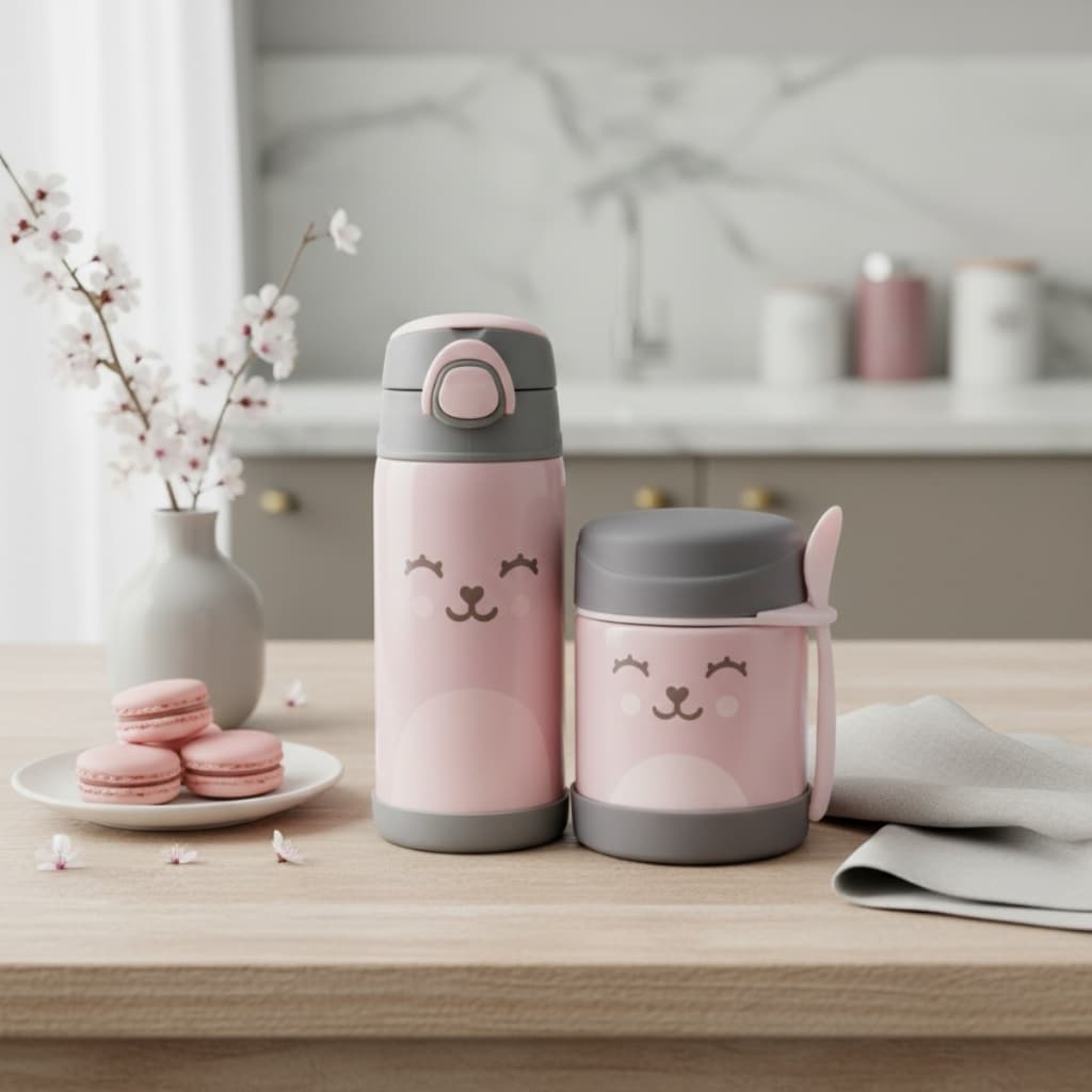 Kit Pote e Garrafa Termica Gumy Rosa Aco Inox Buba