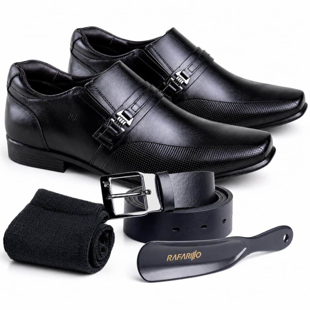 Kit 4 Rafarillo Sapato Social Masculino Em Couro Legítimo + Cinto + Par De Meia + Calçadeira